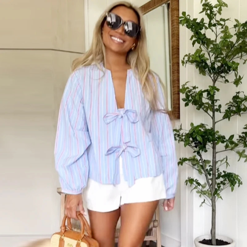 TRAF Striped Shirts Blouses Womens Shirt Spring Cropped Oversized Long Sleeve T-Shirt Elegant Bow Lace-Up Tops For Woman 250708
