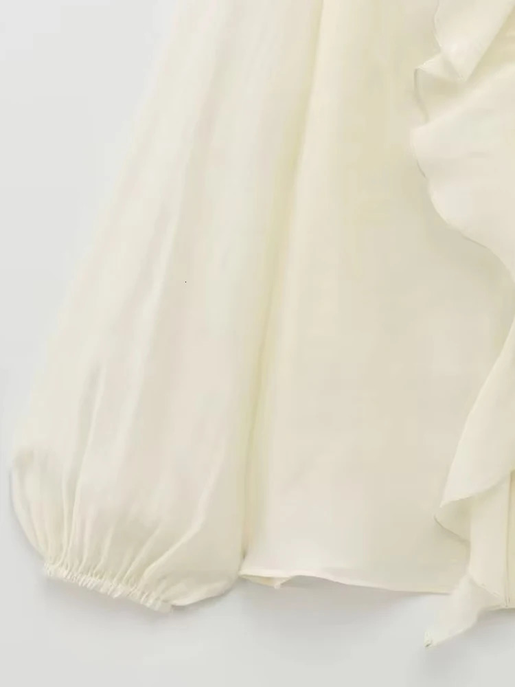 TRZA Women Fashion With Ruffles Shirts Long Puff Sleeves Button-up Female Blouses Chic Tops 250708