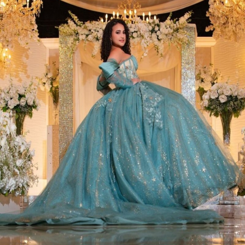 Water Blue Quinceanera Dresses Ball Gown Off The Shoulder Applique Lace Beading Crystal Tull Corset Party Birthday Sweet 16 Vestidos 15 De Anos