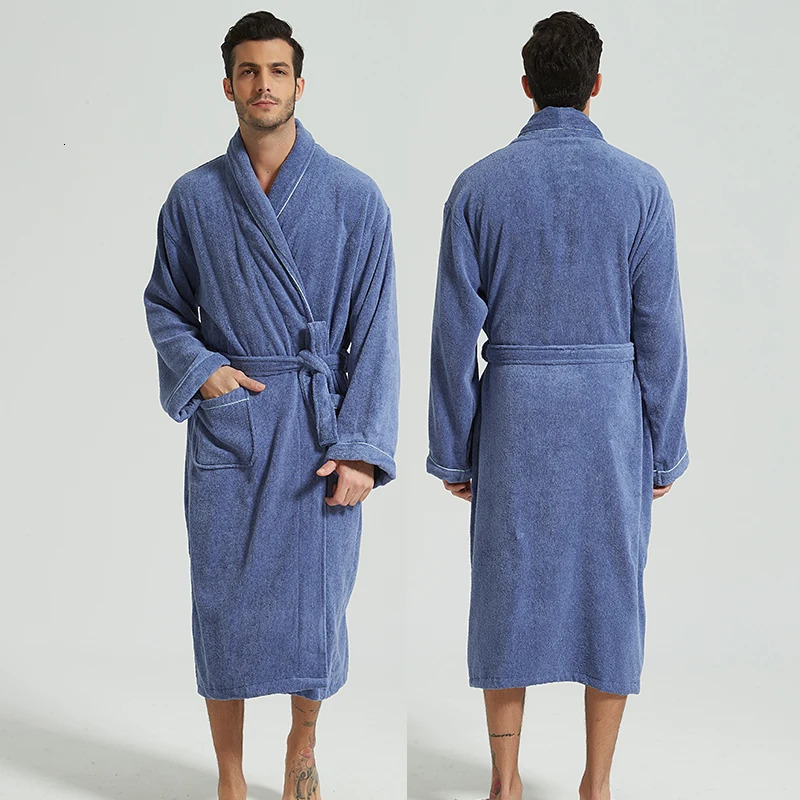 Bathrobe Men 100% Cotton White Sleepwear Towel Fleece Robes For Male Plaid Robes Long Bath Robe Bride Robe Dressing Gown 250710