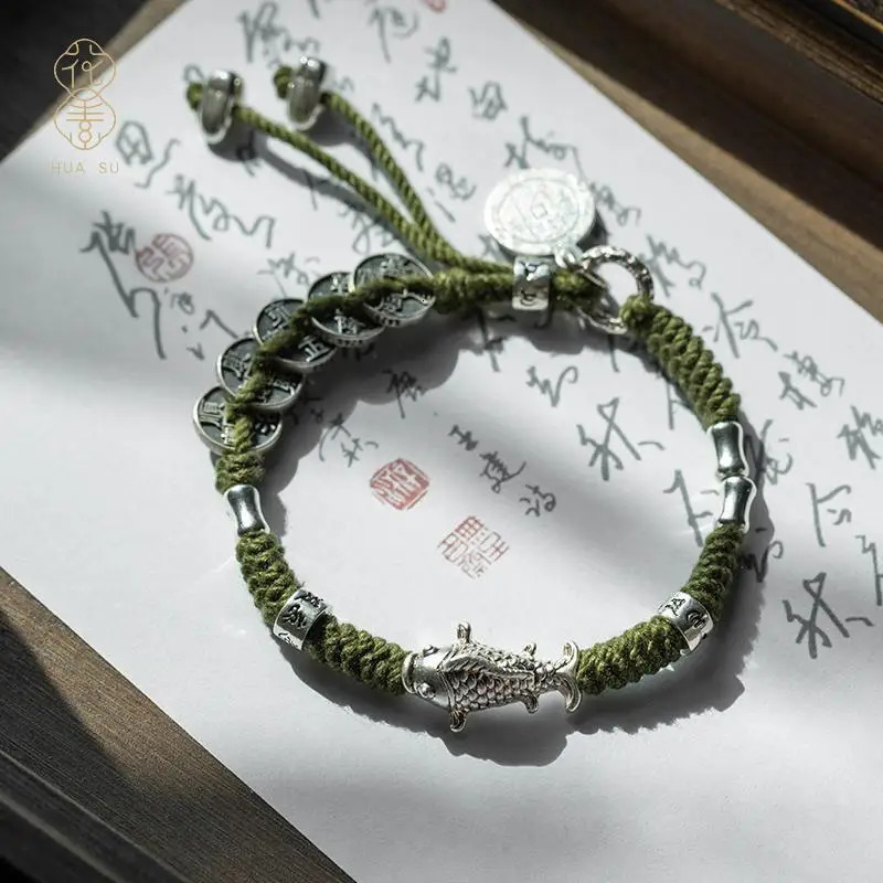 S925 Sterling Silver Five Emperors Money Full Hand Woven Hand Rope Bagua Koi Chinese Style National Bracelet Accessories 250712