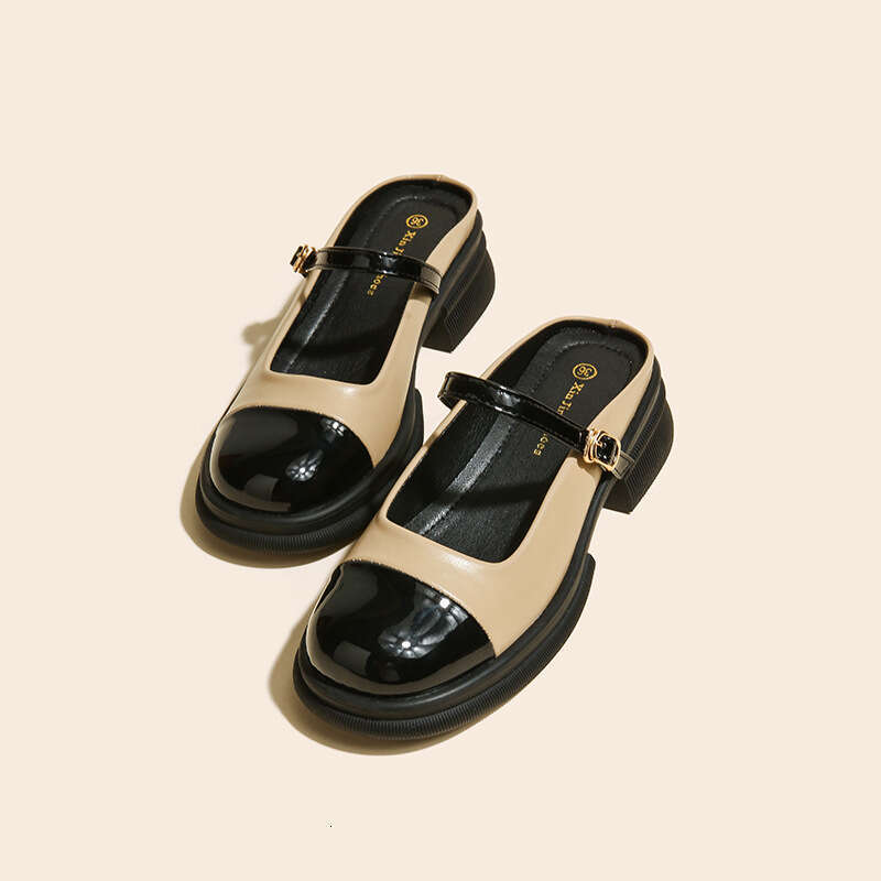 Q1-1 Color Block Mary Jane Shoes for Women British Style Shallow Mouth Niche Design Backless Closed Toe Chunky Heel Slippers