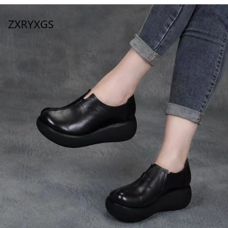 ZXRYXGS 2024 Autumn Round Toe Superior Genuine Leather Shoes Wedges Thick Sole Heightening Shoes Woman Non-slip High Heels 250707