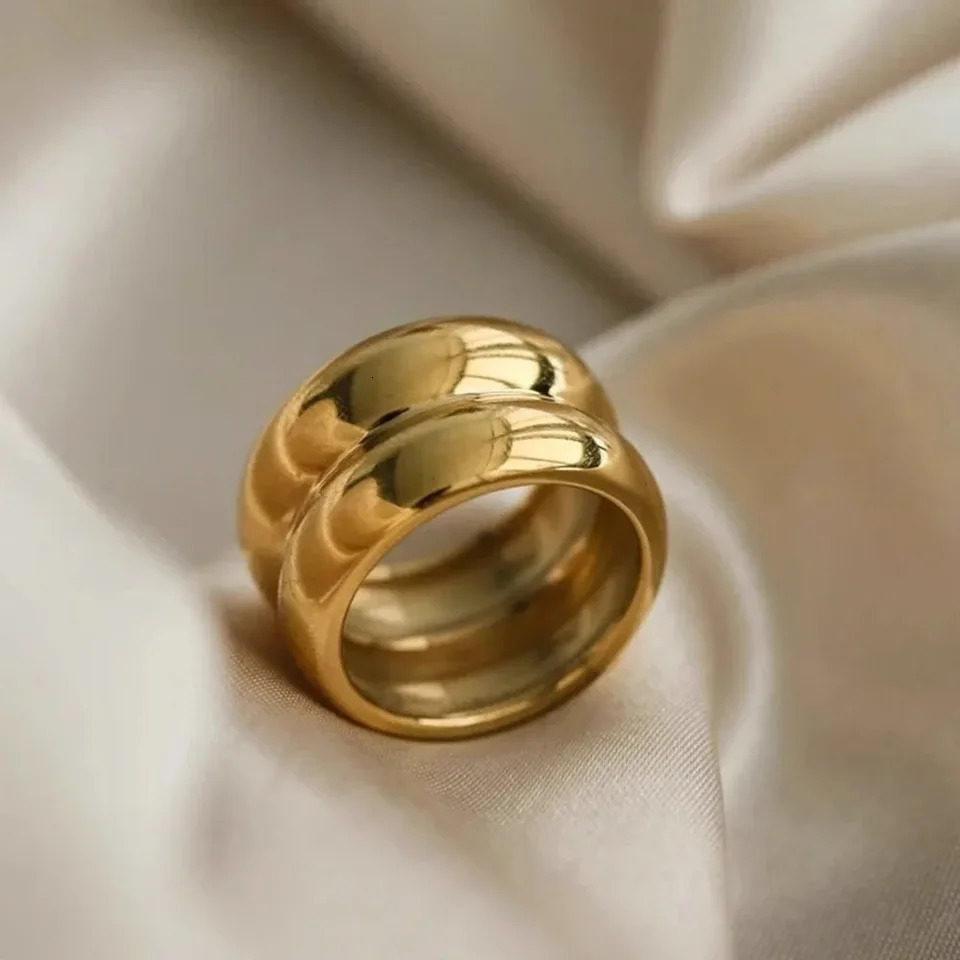 MHS.SUN Unisex Double Layer Gold Plated Wide Rings Fashion Stainless Steel For Women Men Smooth Chunky Jewelry Waterproof 250708
