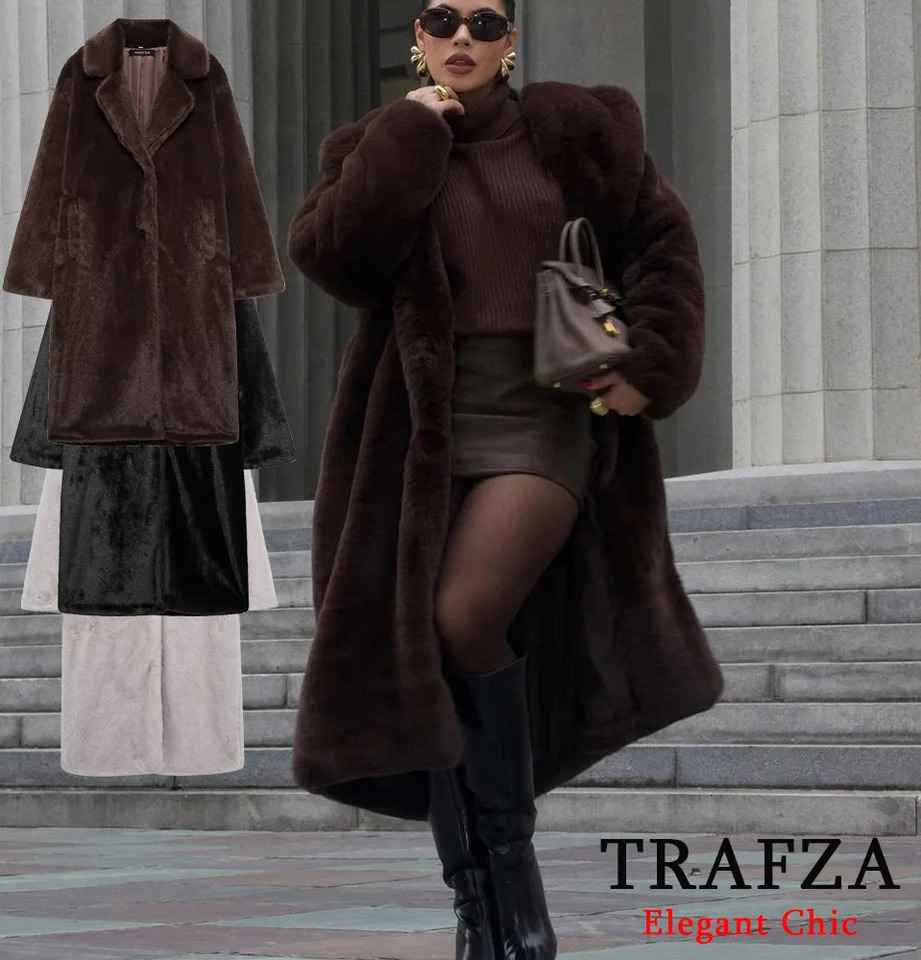 Womens Fall Winter Faux Fur Long Coat TRAFZA Vintage Lapel Buttons Loose Coat Fashion Casual High Street Warm Coat 250708
