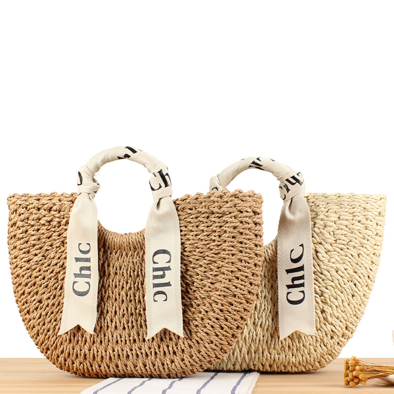 2025 Summer Straw Woven Bag Women Large Capacity Weaving Handbags with Scarf Handmade Knitted Ladies Shoulder Bag Beach Tote Bag