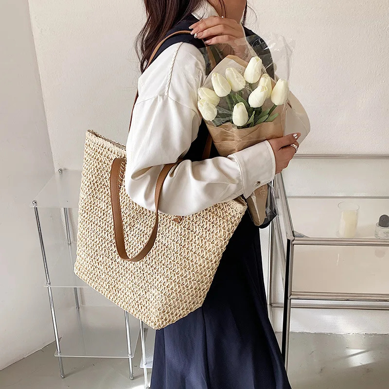Summer Woven Shoulder Bag Women Beach Female Straw Knitted Handmade Large Capacity Handbag Purse Travel Tote Bags 250703