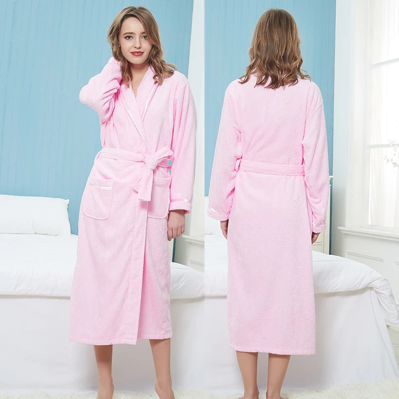 Women Bathrobe Winter Towel Fleece Thick Sleepwear Warm Men Robe Nightgown Kimono Dressing Gown Pajamas Lady Kimono Robe White 250710