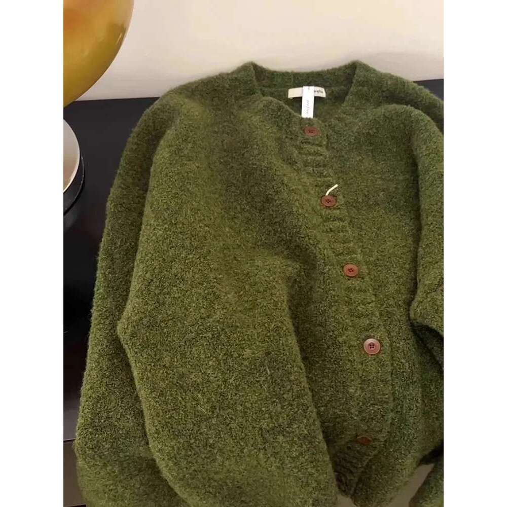 Retro Green Knitted Cardigan Women's New Autumn/Winter Round Neck Single Breasted Soft Thick Sweater Loose Casual Commuting Coat