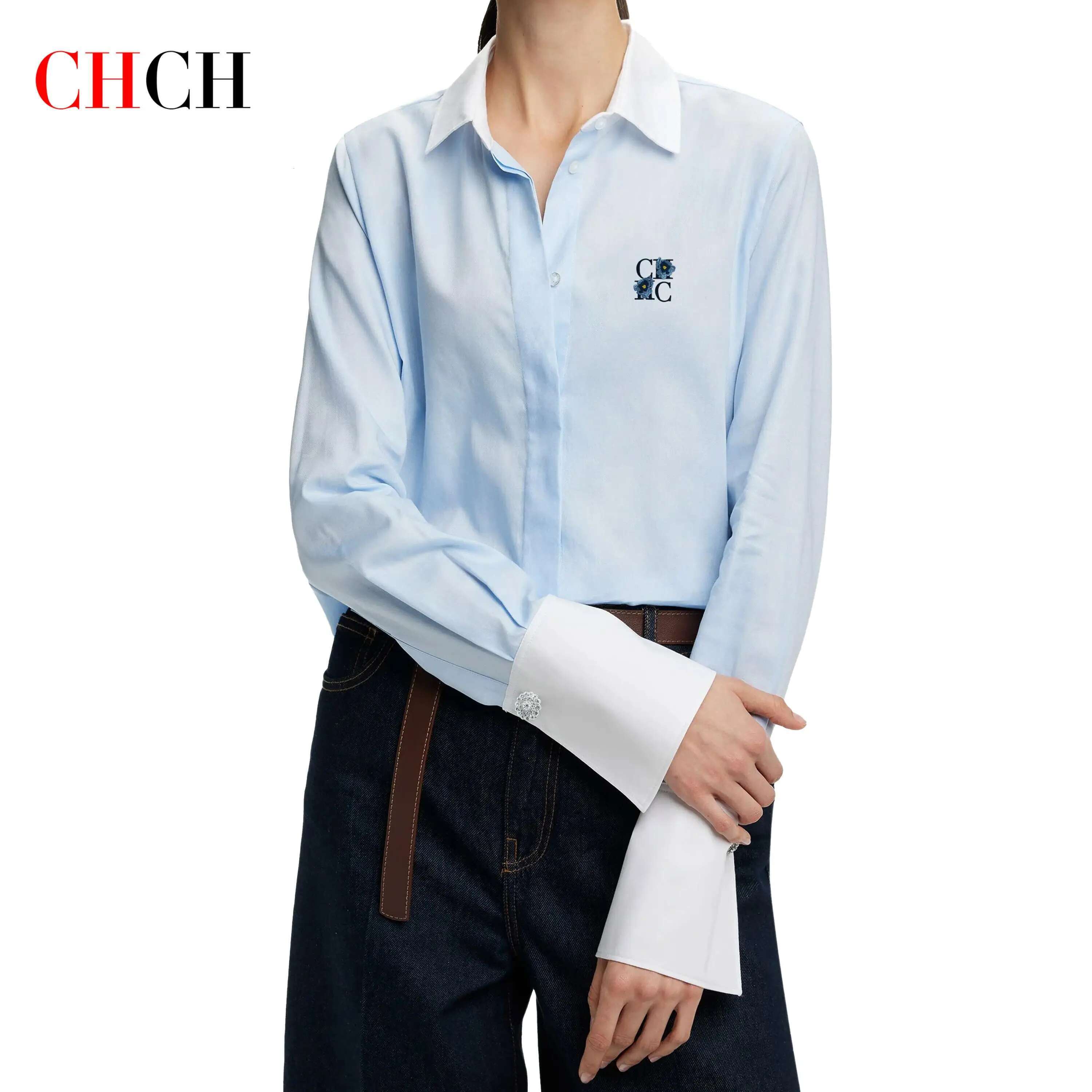 Simple New Shirt Splicing Design Embroidery Flowers Elegant Versatile Spring And Summer Striped Women's Tops