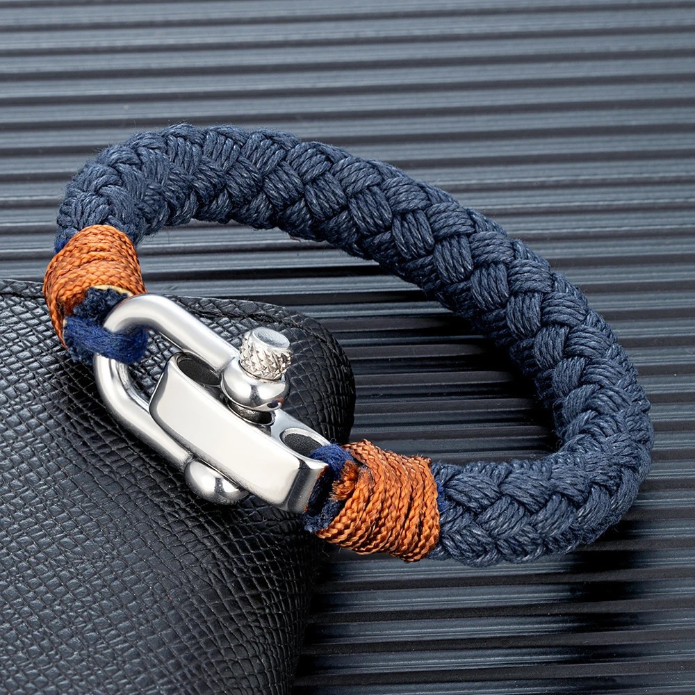 MKENDN Nautical Style Wide Rope Bracelet Fashion Men Stainless Steel Adjustable Shackle Clasp Wrap Bangles Handmade Jewelry Gift 250712