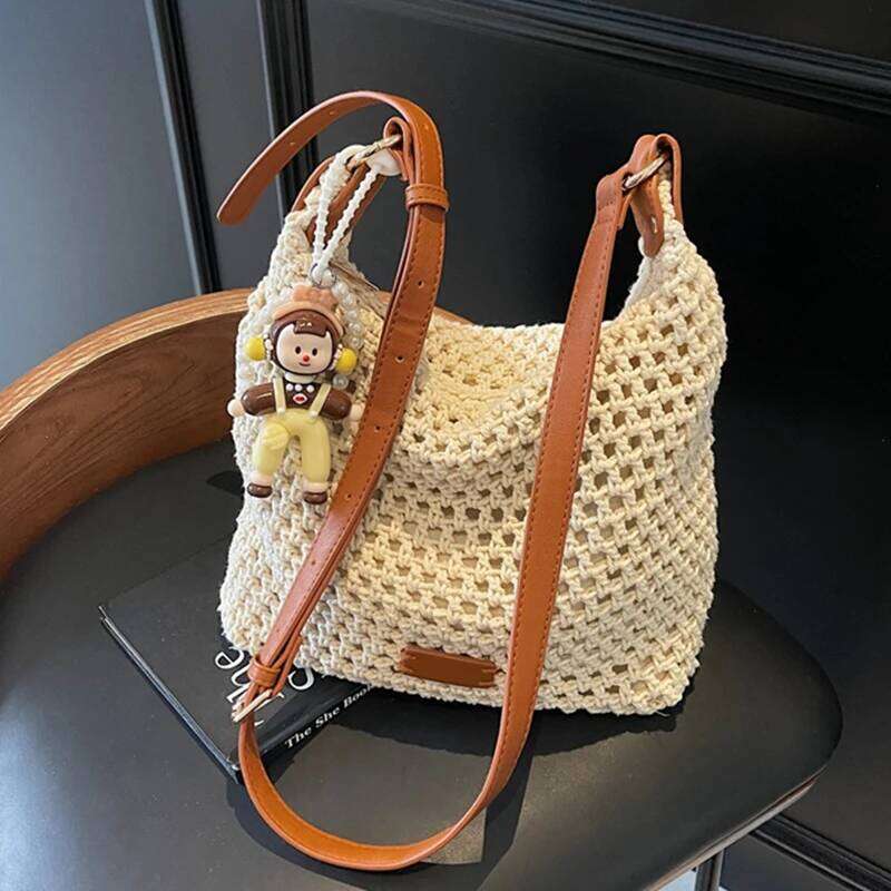 Women Cotton Thread Weaving Handbag Summer New Woven Shoulder Bag Seaside Vacation Beach Bags Bohemian Style Tote Bags