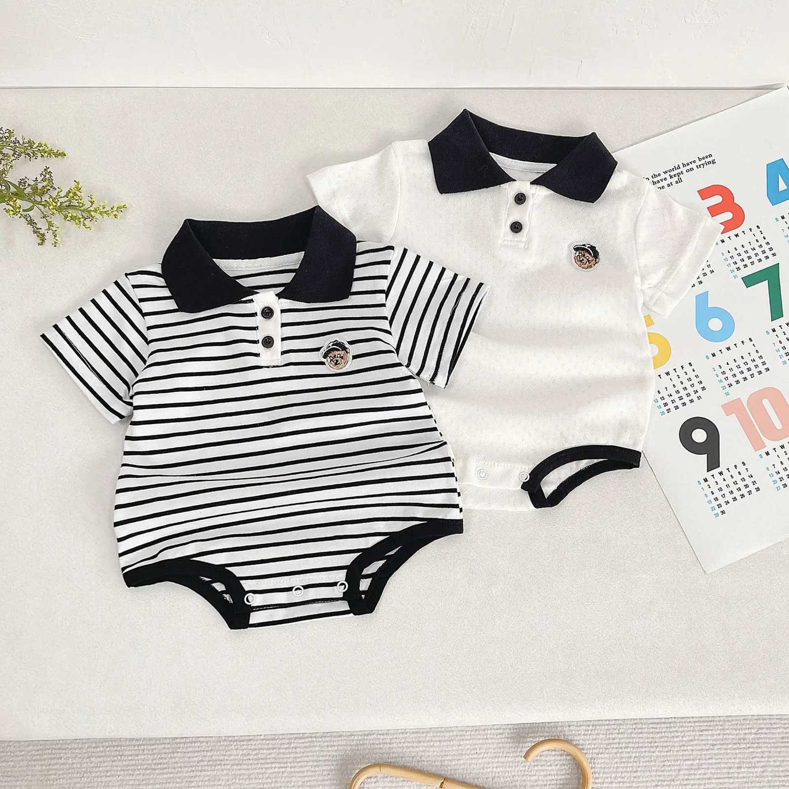 Summer Baby White Striped Bodysuits for Newborn Boys Girls Romper Onesie Cotton Short Sleeve Turn Down Collar Infant Jumpsuit Z250712