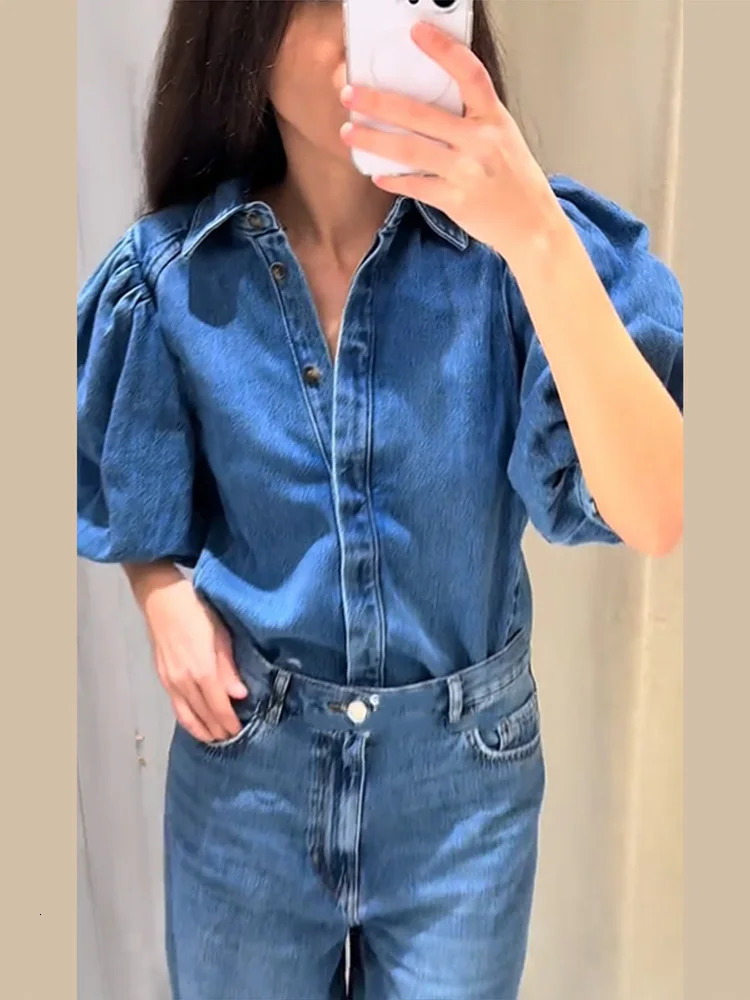 Street Denim Womens Shirt Solid Puff Half Sleeve Single Breasted Pleated Blouses Female 2025 Spring Summer Allmatch Streetwear 250704