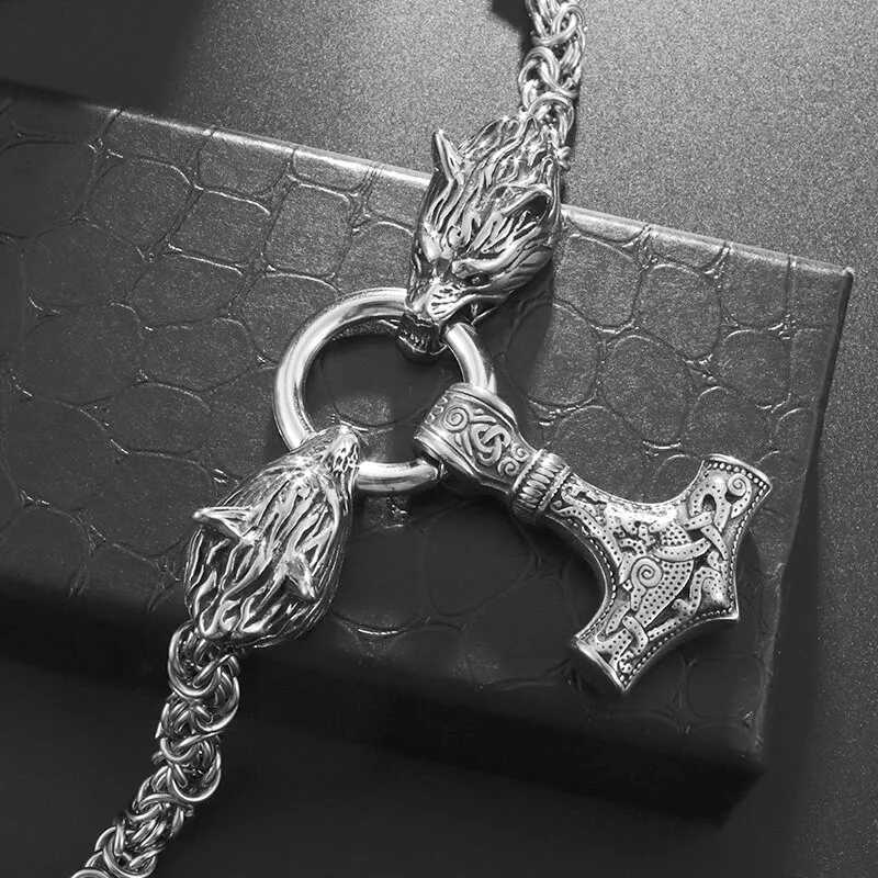 igh Quality Vintage Nordic Necklace Doub Wolf Thors Hammer Pendant Necklace Men Stainss Steel Jewelry Gift W250712