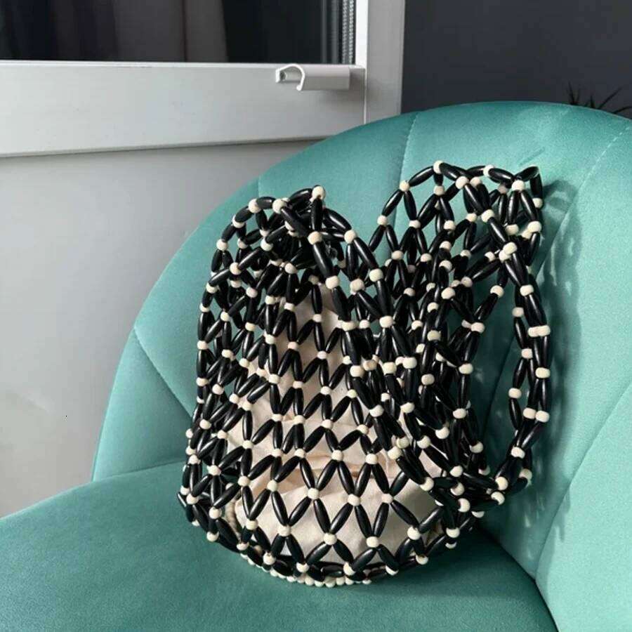 Summer Wooden Bead Hollowed-Out Single-Shoulder Bag Women Patchwork Bucket Bags With Canvas Inner Pocket Woven Beach Handbag Sac