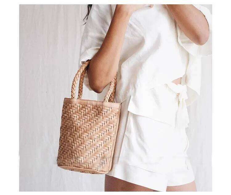 Women Small Woven PU Leather Shoulder Bags Bucket Vintage Hollow Out Female Handbag Girl Totes Bag