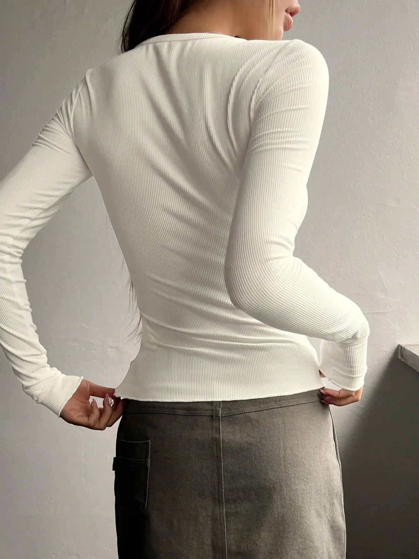 Womens Plain Half Button Front Ribbed Tee Fashion Top Casual Fit Long Sleeve Round Neck T shirt 250707