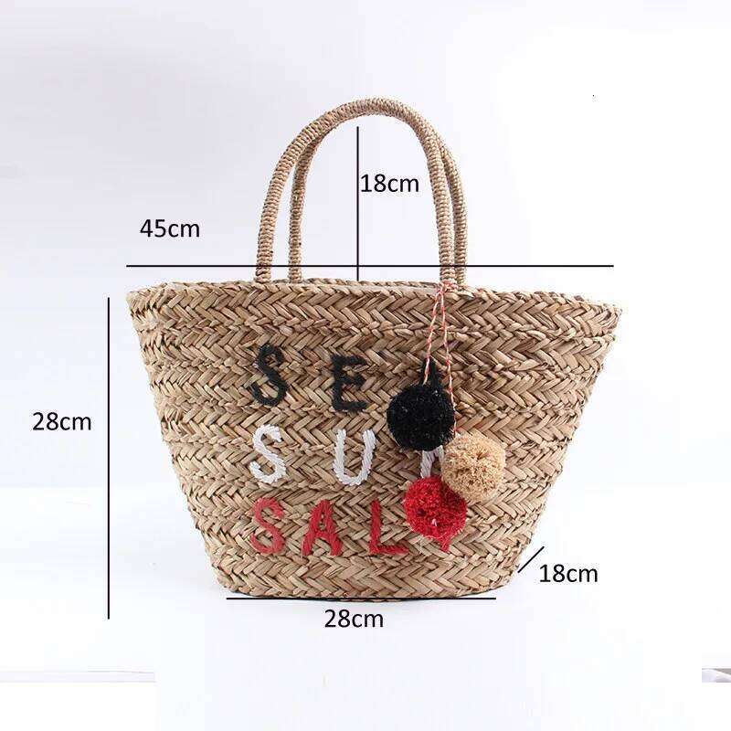 New Summer Pompon Beach Bag Straw Tote Handmade Colorful Ball Shoulder Rattan Large Fashion Women Girls Tassel Bucket E39