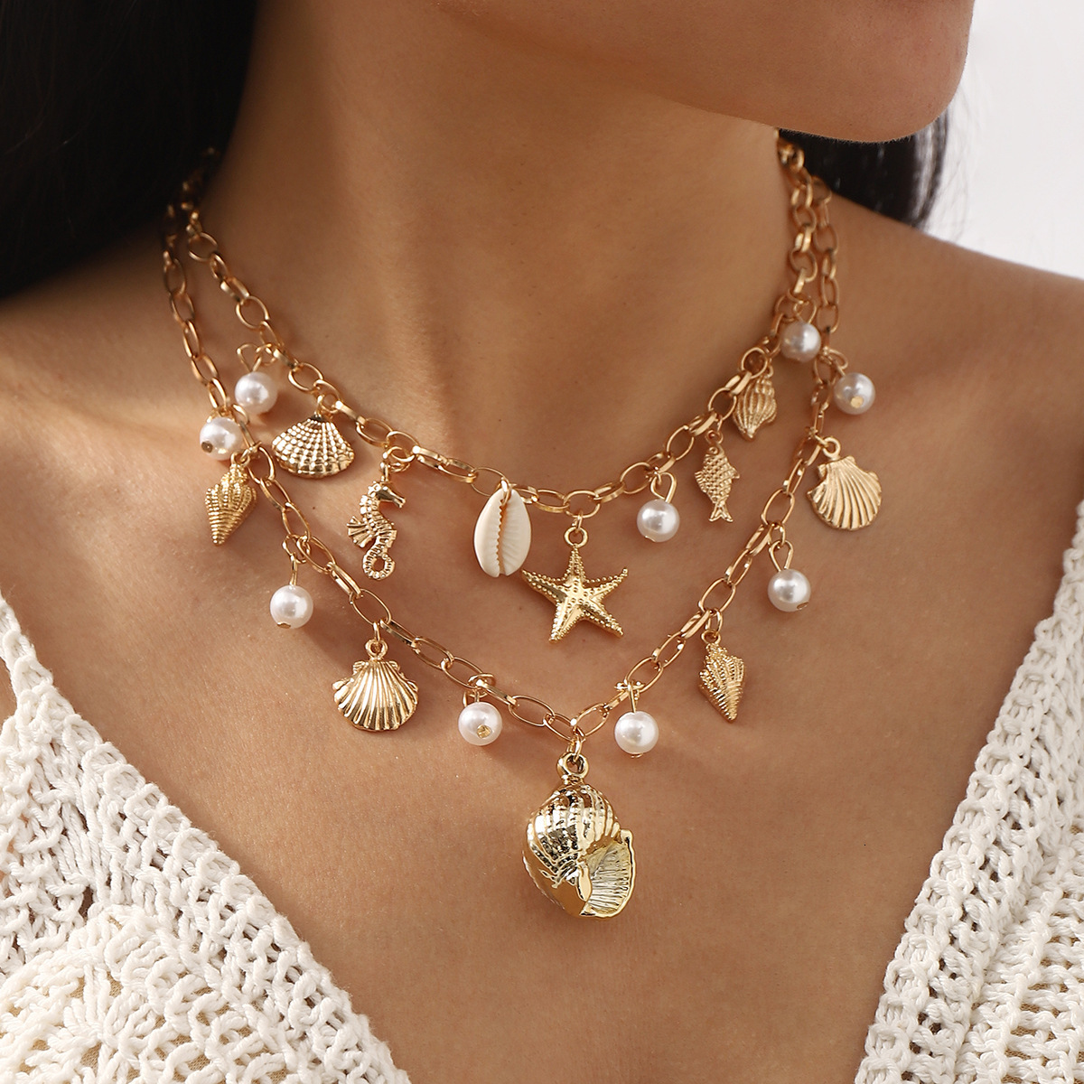 Luxury Jewelry Designer Jewelry N12517 European And American Cross-border Ocean Style Pearl Tassel Necklace Beach Starfish Shell Pendant Jewelry