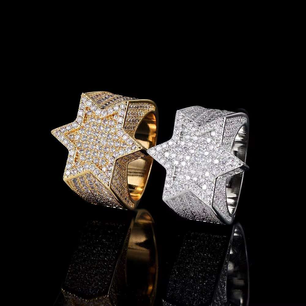 Hip Hop Diamond Rings Jewelry Women Hexagonal Star Micro Paved 3A CZ Stone Ring for Men