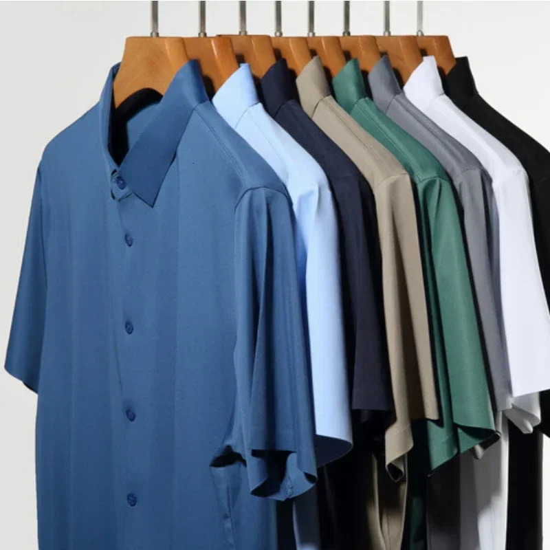Mens Ultra Stretch Slim-Fit Short Sleeve Shirt Breathable Stretchable Abrasion-Resistant Solid Color Short Sleeve Shirt 250711