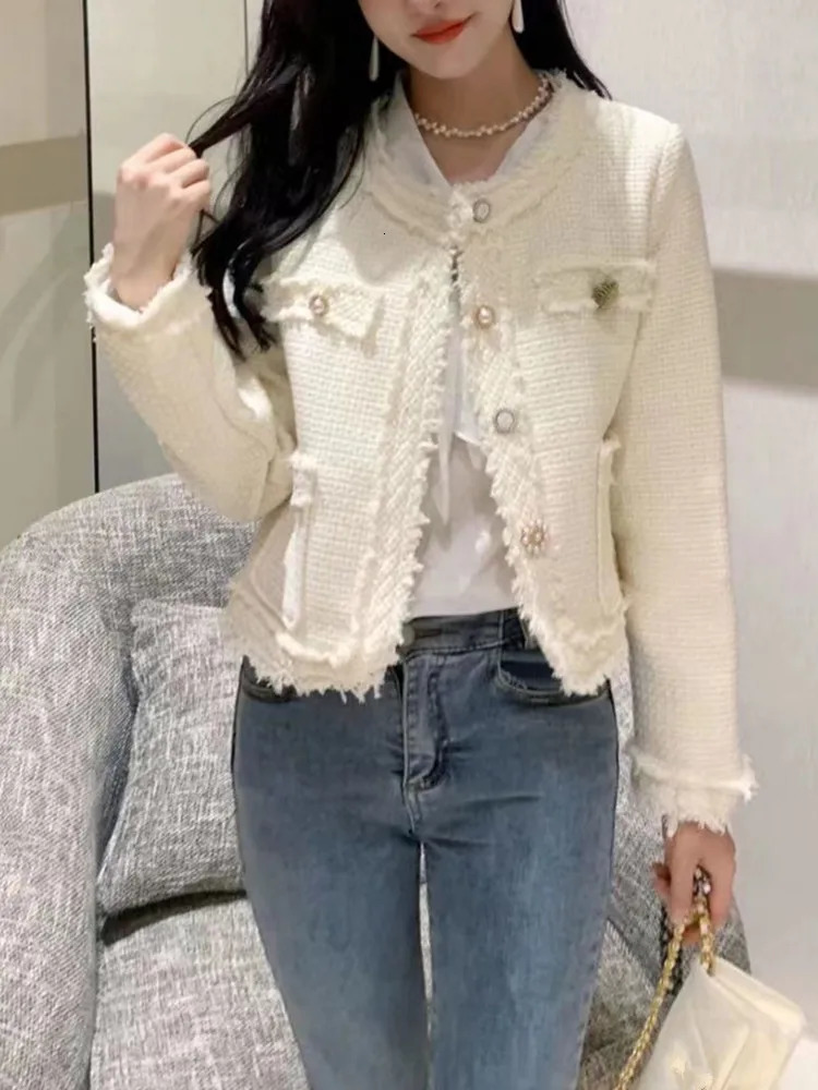 HMA Korea Chic Elegant Tweed Jacket Woman Fall Button Up O-Neck Tassel Coat Female Full Sleeve OL Jacket 250709