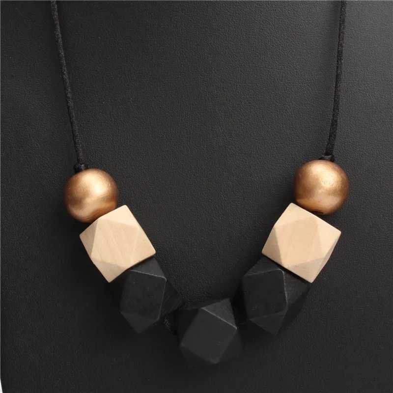 New Wood Geetric Necklace Painted Chunky Faceted Wooden Beads Ball Chunky ather Cord Brown Black Statent W250712