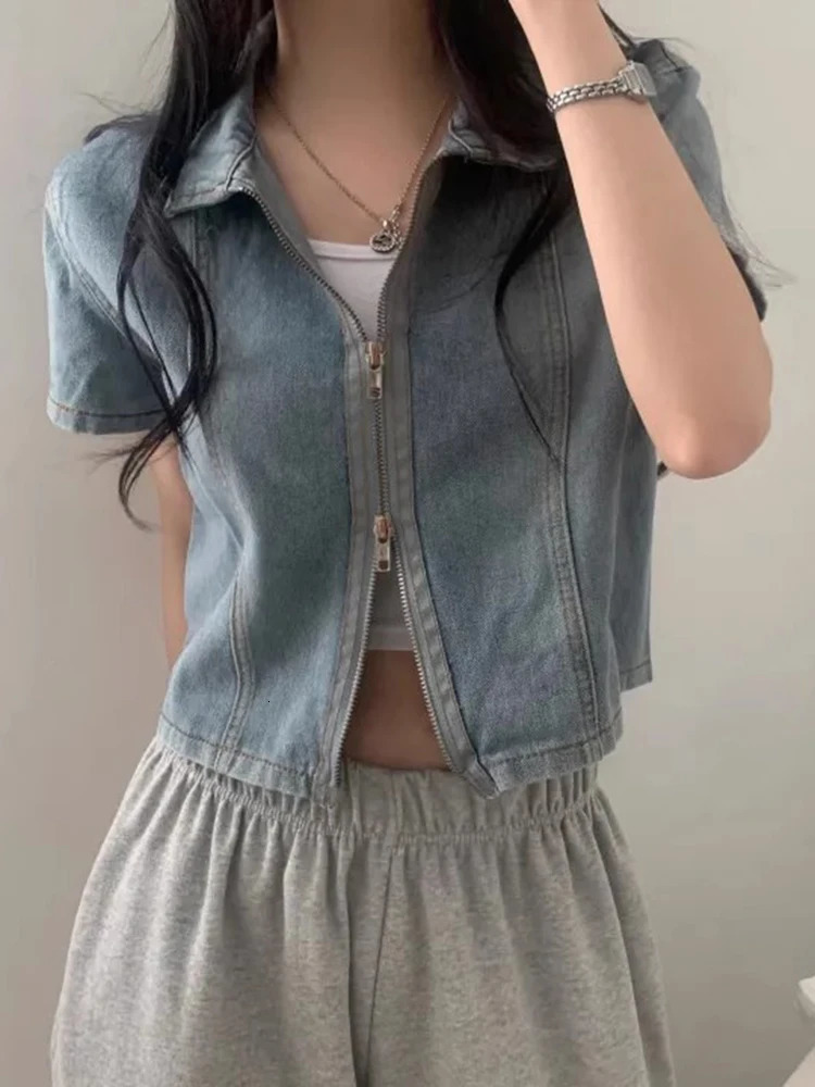 Loose Fit ort Denim irt Jaet Womens Summer Sle Retro n Double Zipper Casual Top Korean Version Other Material 250704