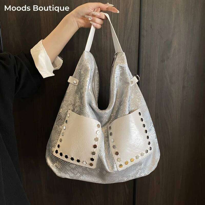 MOODS Motorcycle Shoulder Bags For Women Snakeskin Pattern Rivet Decor Large Capacity Shopper Tote 2025 Designer Handbags