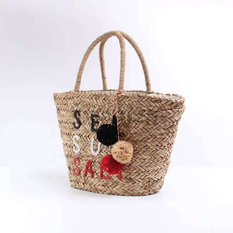 New Summer Pompon Beach Bag Straw Tote Handmade Colorful Ball Shoulder Rattan Large Fashion Women Girls Tassel Bucket E39