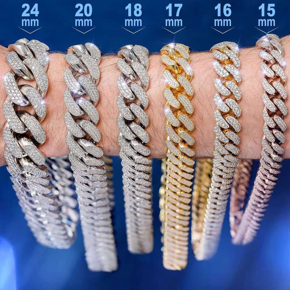 Custom Big Size 18mm 20mm 22mm 24mm Moissanite Cuban Link Chain Bracelet Hip Hop Style Iced Out Vvs Diamond Cuban Fine Necklace