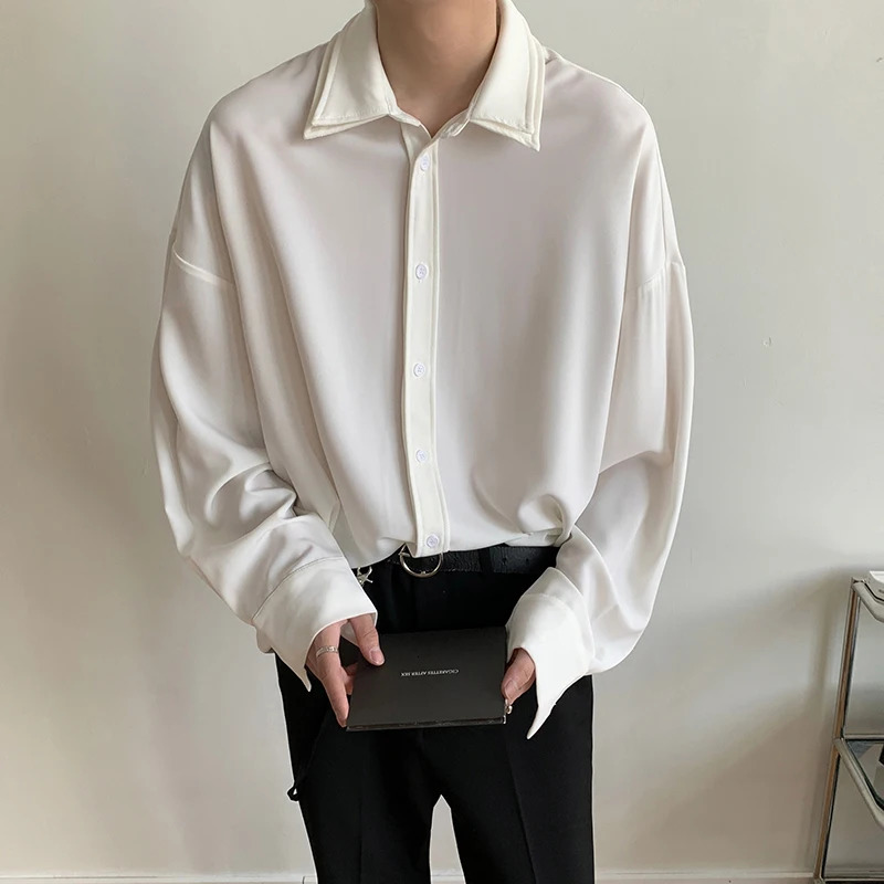 Long sleeve shirt men Double Collar Ice Silk Shirt Men Vintage Wine Red Shirts Men Korean Comfortable Blouse Casual Loose Shirt 250707