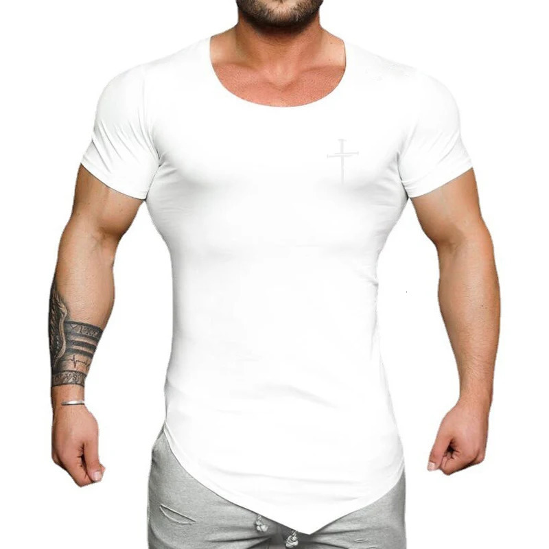 Personalized Cross Print Short Sleeve Slim Fit Shirt Mens Running Sport Fitness Cotton Tee Tops Gym Bodybuilding Workout TShirt 250707