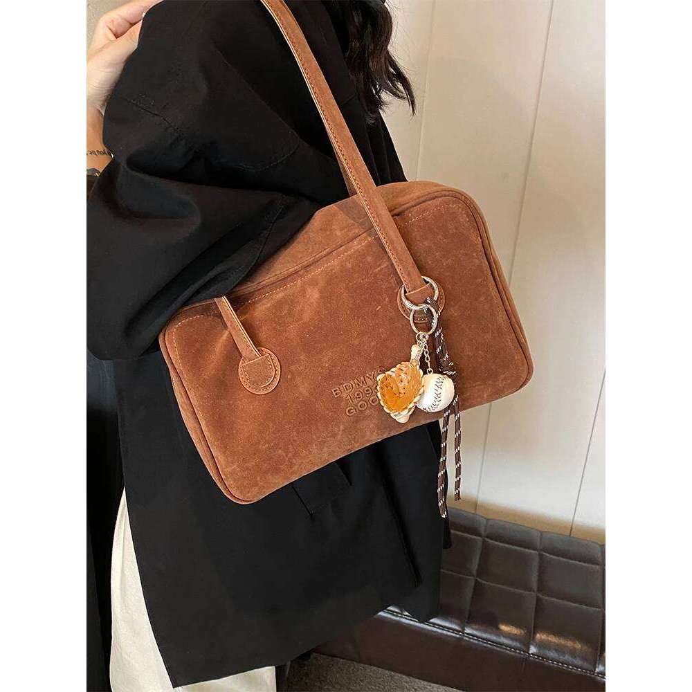 Retro Faion Suede Oulder Large Capaci Boston Bag Spring Summer 2025 Women's Handbag Soft Polyester