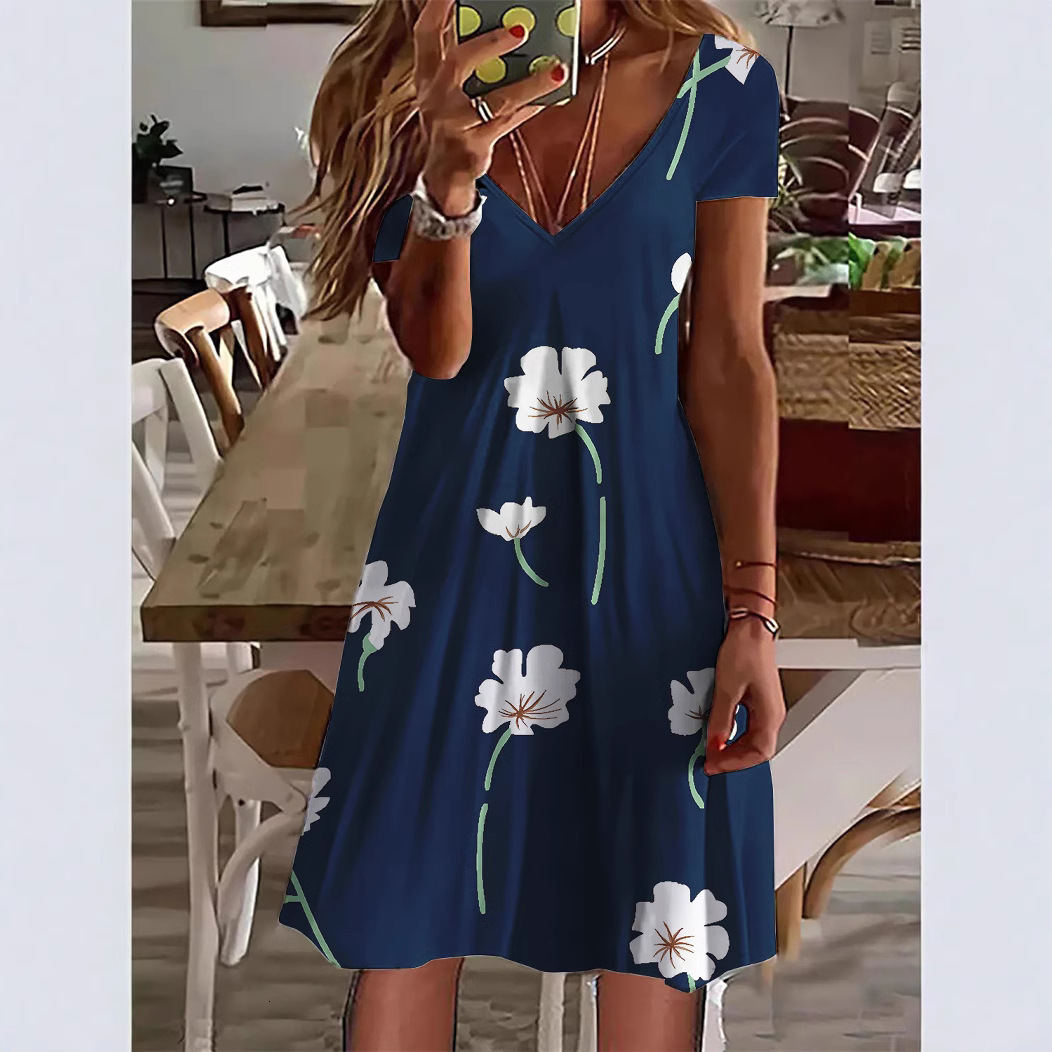 2025 Summer new women's dress, summer new casual V-neck loose print fashionable short sleeved dress, new designer dress