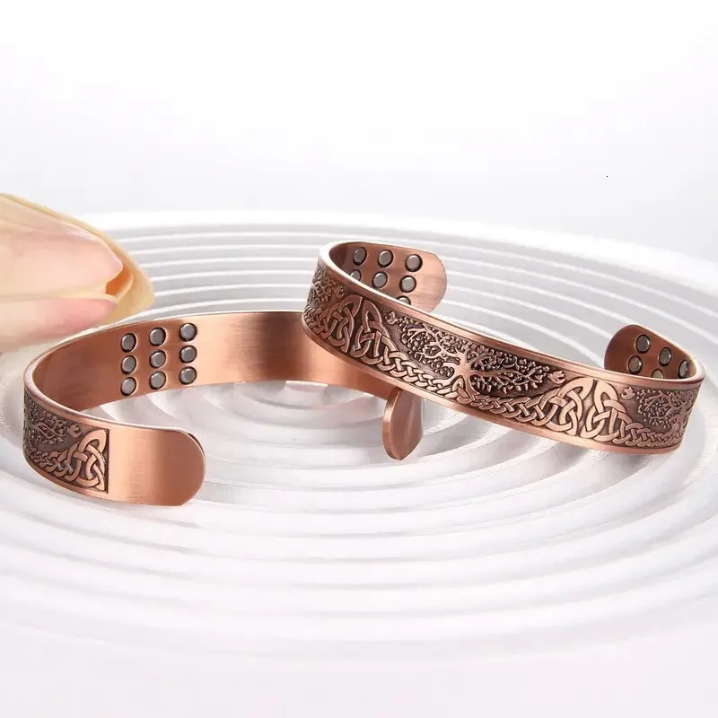 Pure Copper Cuff Bracelet Bangle Tree of Life Carving Magnetic Bracelets For Men With 3500 Gauss Magnets Adjustable Size 250712