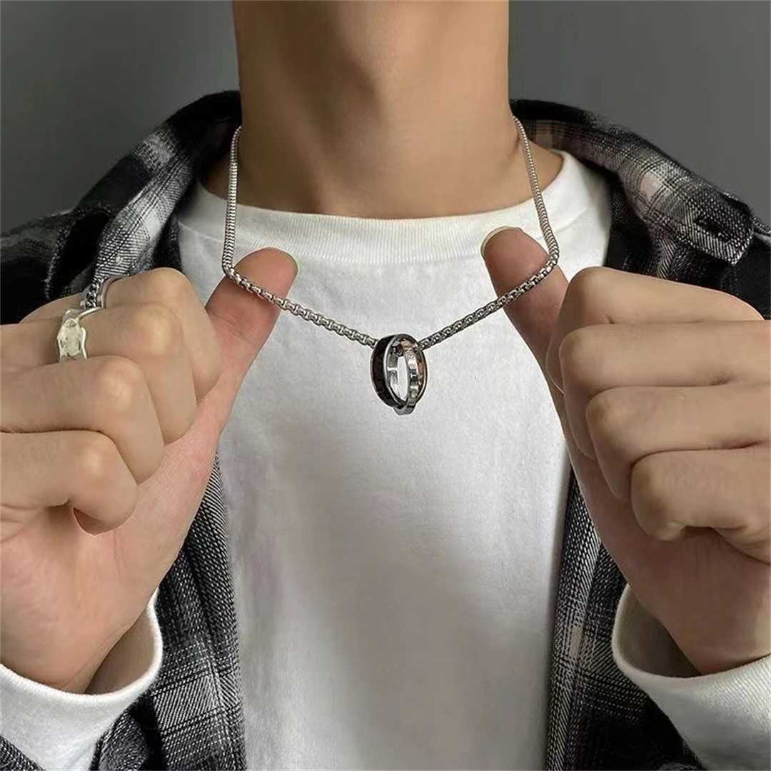 Mens Titanium Steel Necklace Fashion Double Ring Drip Oil Inlaid Zircon Sweater Chain Necklace Stainless Steel Jewelry Gift W250712