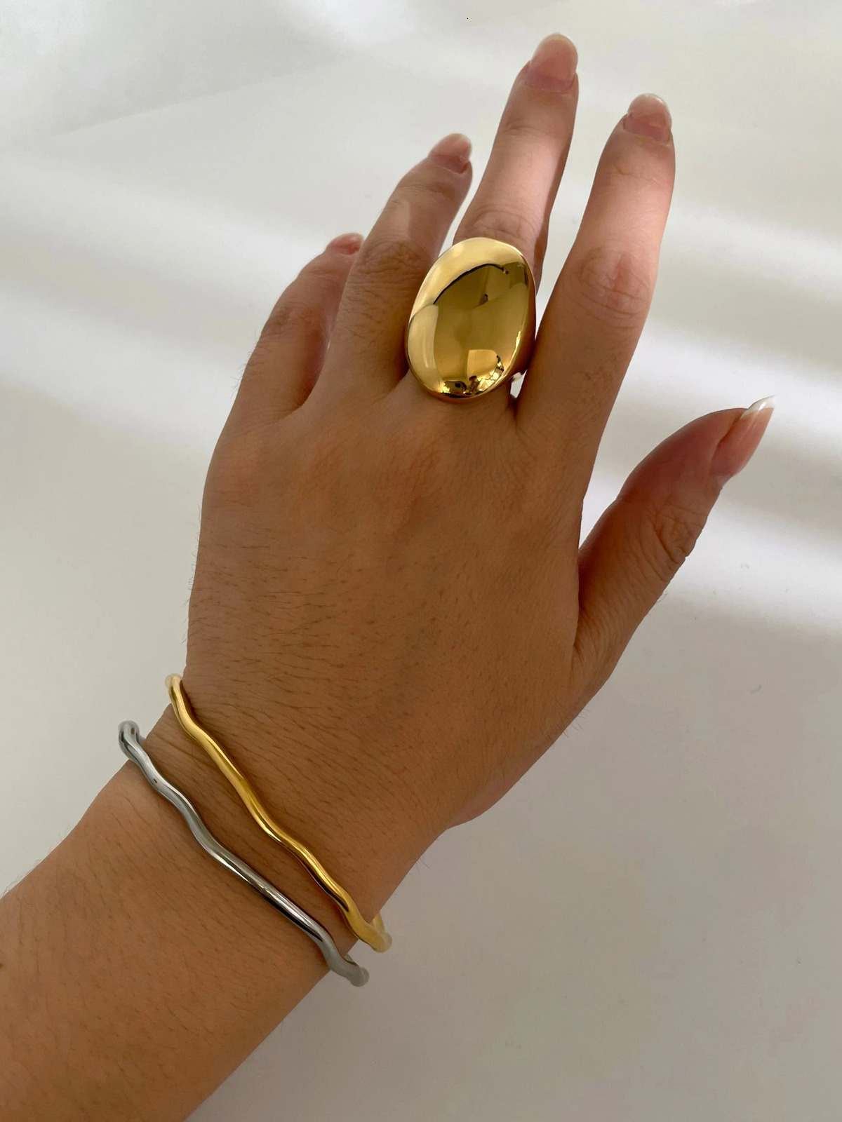 Perisbox High Polished Stainless Steel Solid Gold Plated Chunky Dome Full Finger Rings for Women Men Gothic Minimalist Jewelry 250708
