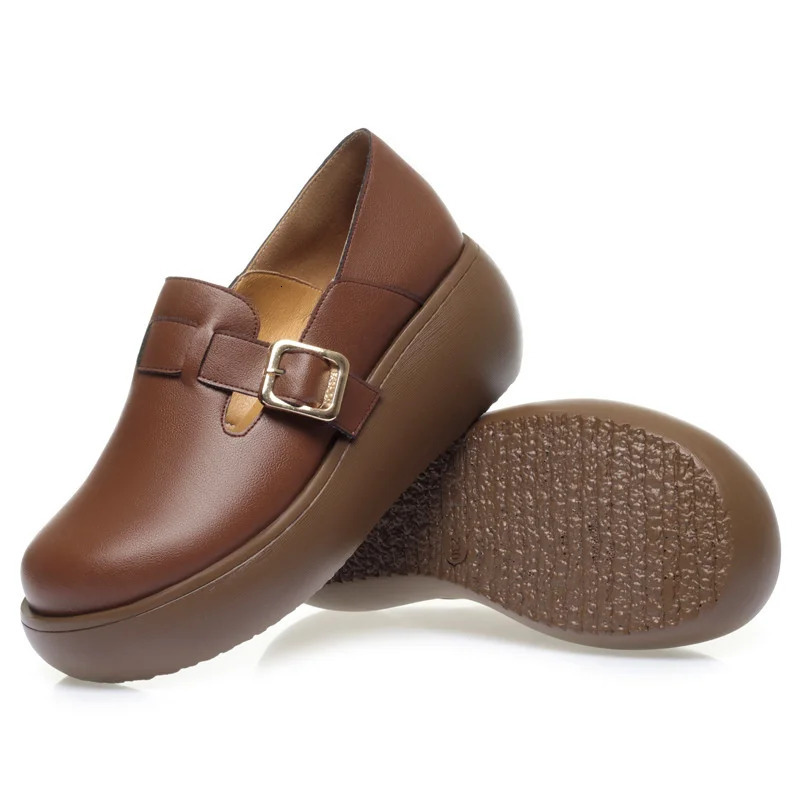 Spring Autumn Fashion Casual High Soft Bottom Leather Womens Round Toe Wedge Thick sole Anti-slip Single Shoes 250707