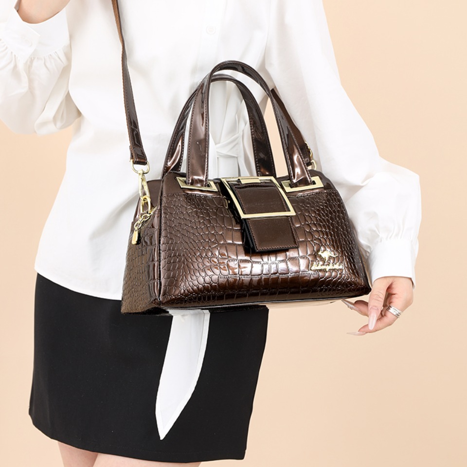 Fashion Elegant Madam Handbag Crocodile Pattern with Lattice Luxury Women Shoulder Tote Bag Two Layers Ladies Bag Big Belt Sac