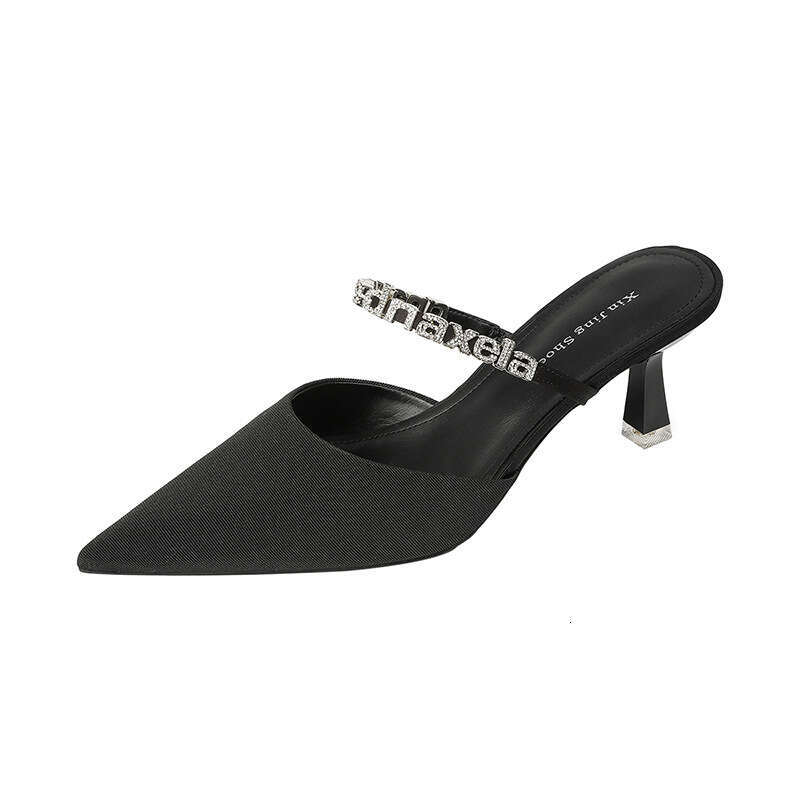699-19 Peep Half Slippers for Women 2023 New Style Elegant Rhinestone Outdoor High Heels Pointed Toe Stiletto Women's Shoes