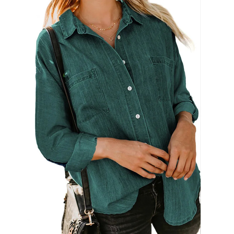 2023 Womens Denim Shirt Spring and Autumn Loose Double Pocket Long Sleeve Joker Casual Coat for Women 250704