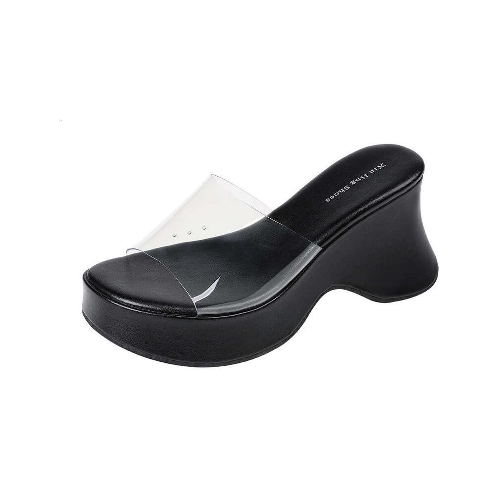 XJ-2 High Heel Thick Sole One-Strap for Women, New Style, Height Increasing, Petite, Transparent Waterproof Platform Sandals and Slippers