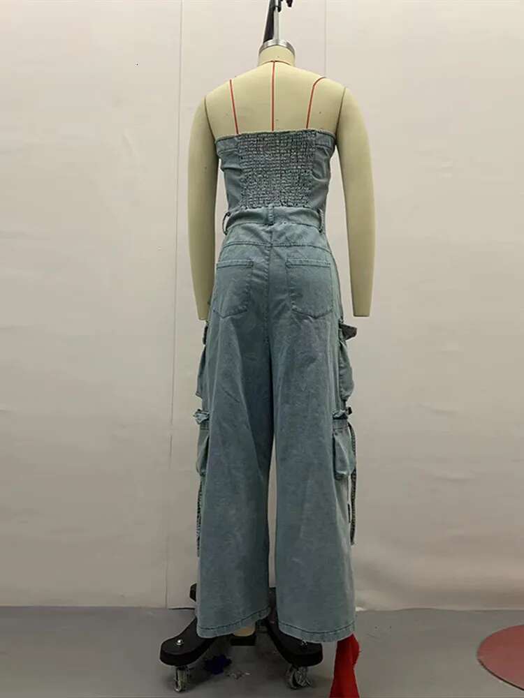 Strapless Backless Women Jumpsuit Denim Off Shoulder Lady Jumpsuits 2025 Sexy Fashion Pockets Buttons Wide Leg Female Romper