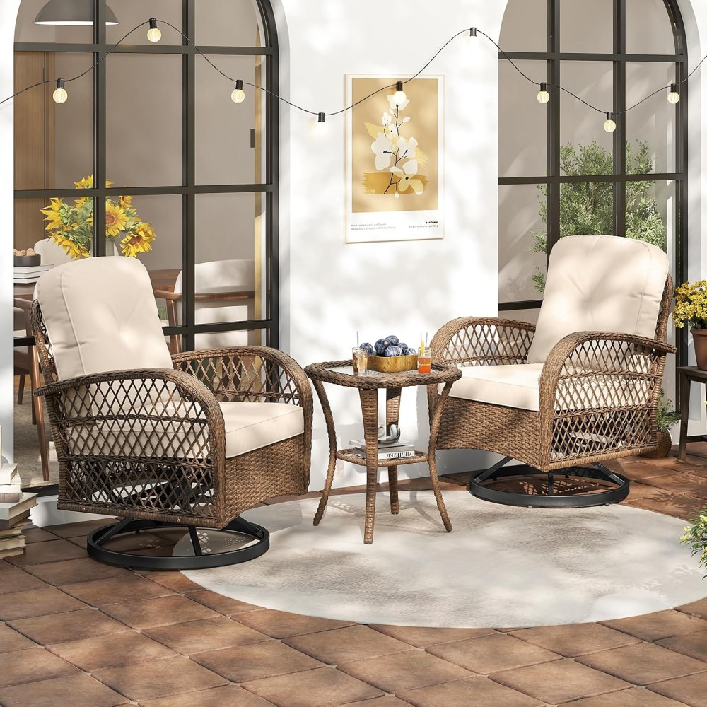 3 Pieces Wicker 360° Dwe74 Swivel Rocker Set Patio Furniture, Rocking Chairs With Cushions, Tempered Glass Coffee Table, Outdoor Ratt