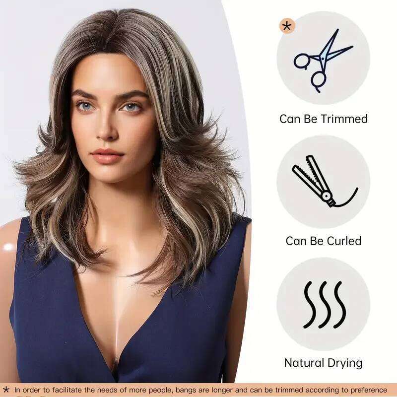 Brown Blonde Highlights Medium Length Wavy Fake Hair For Women Daily Use Natural Middle Part Heat Resistant Synthetic Wigs