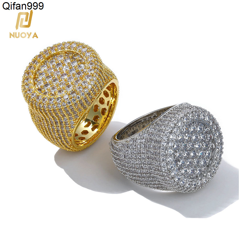 NUOYA Wholesale Iced Out Big Round Ring Luxury Full Diamond Signet Ring Hip Hop Style Bling Cubic Zirconia Jewelry Men Women