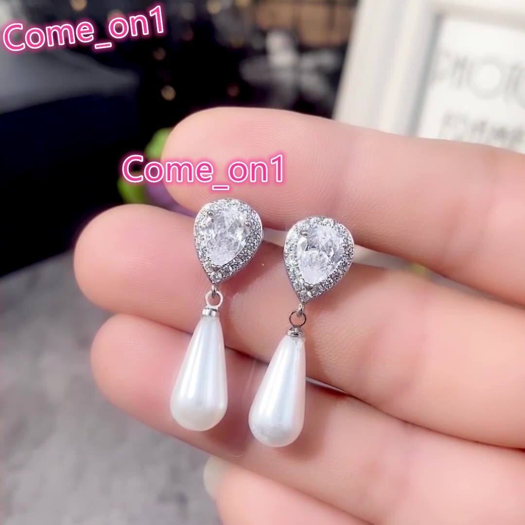 Elegant Wedding Bridal Jewelry Teardrop Imitation Pearl Drop Earrings 925 Silver Plated Cubic Zirconia Stud Earrings