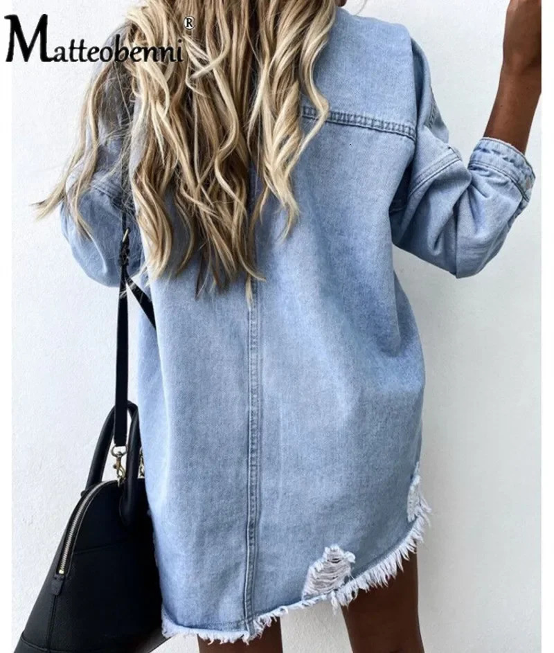 2024 Fall Womens Long Sleeve Denim Shirt Fashion Ripped Midlength Jeans Buttons Tops Boyfriend Loose Shirts 250704